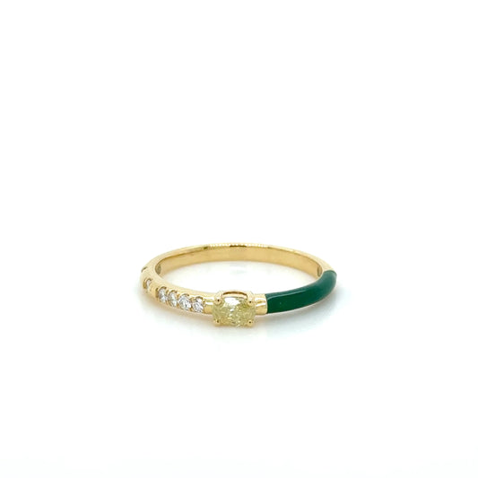 18K Yellow Gold Yellow Diamond & Green Enamel stackable Ring