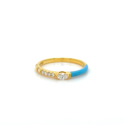 18K Yellow Gold White Diamond & Blue Enamel stackable Ring