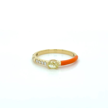 18K Yellow Gold Orange Enamel & Yellow Diamond stackable Ring