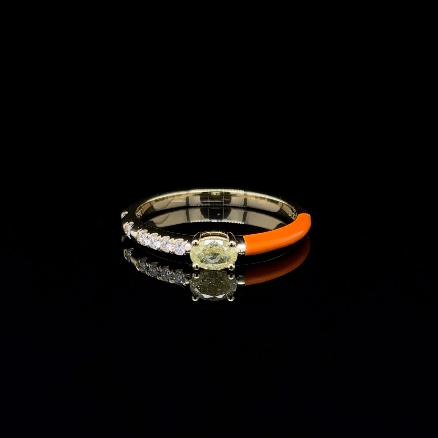 18K Yellow Gold Orange Enamel & Yellow Diamond stackable Ring