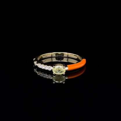 18K Yellow Gold Orange Enamel & Yellow Diamond stackable Ring