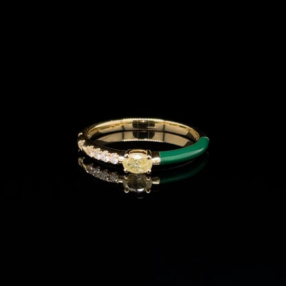 18K Yellow Gold Yellow Diamond & Green Enamel stackable Ring