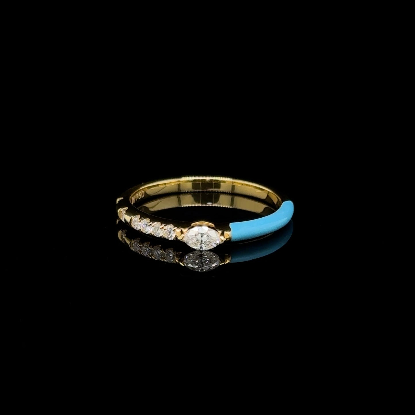 18K Yellow Gold White Diamond & Blue Enamel stackable Ring