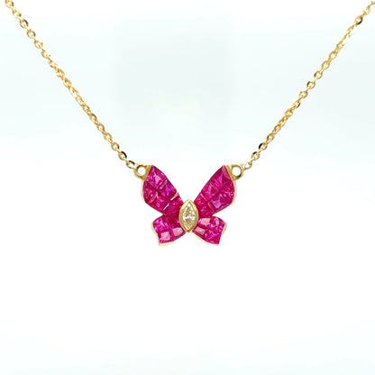 Butterfly Ruby & Diamond Necklace in 18K Yellow Gold