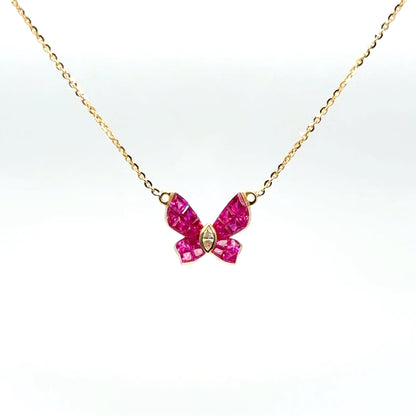 Butterfly Ruby & Diamond Necklace in 18K Yellow Gold