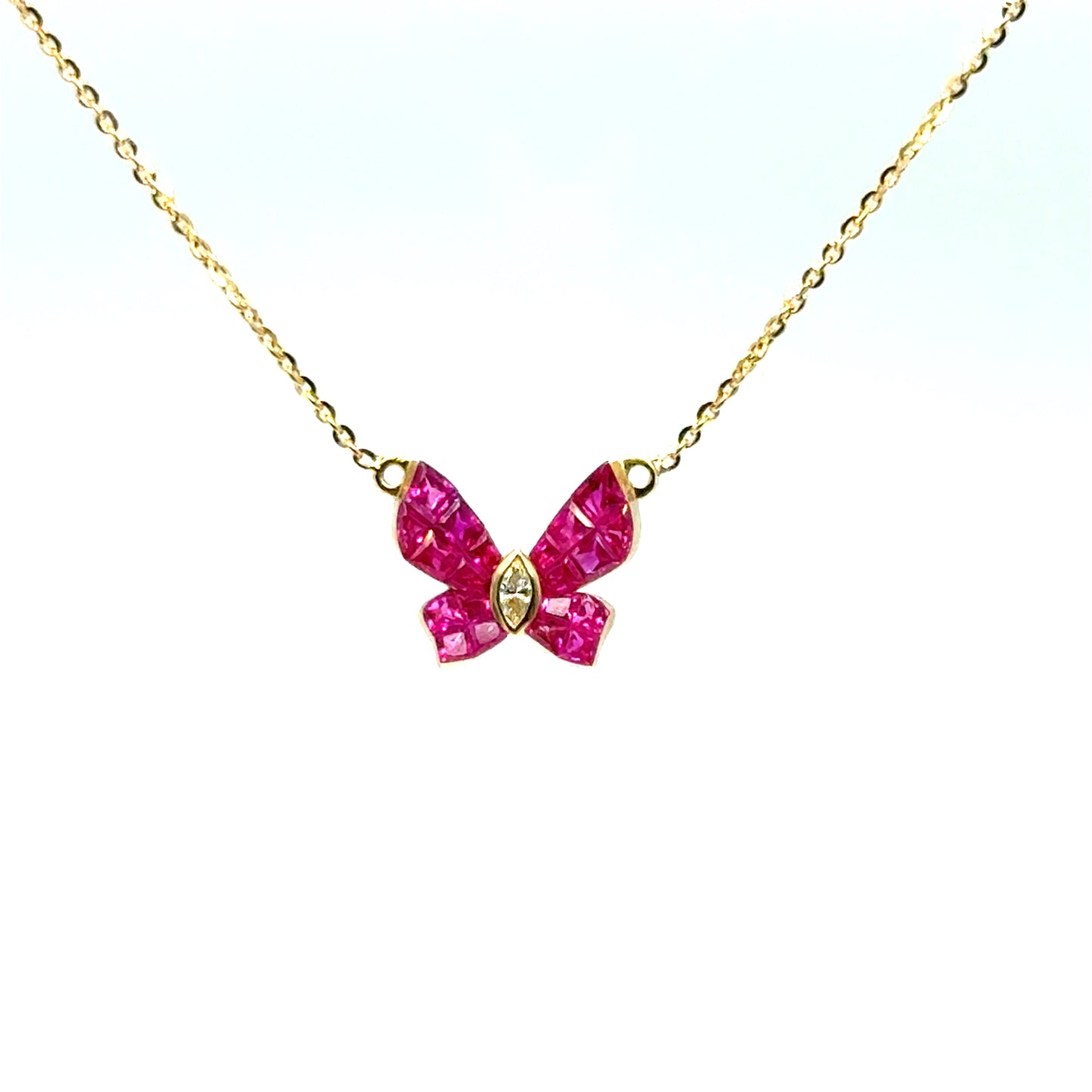 Butterfly Ruby & Diamond Necklace in 18K Yellow Gold