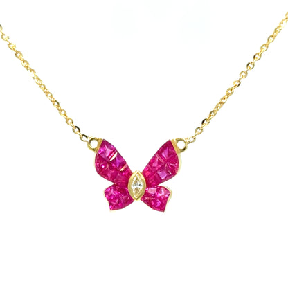 Butterfly Ruby & Diamond Necklace in 18K Yellow Gold