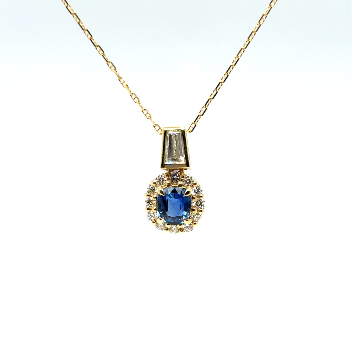 Ceylon Sapphire & Baguette Diamond Pendant Necklace 18K Yellow Gold