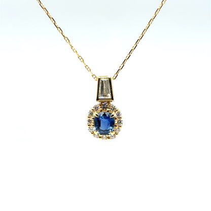 Ceylon Sapphire & Baguette Diamond Pendant Necklace 18K Yellow Gold
