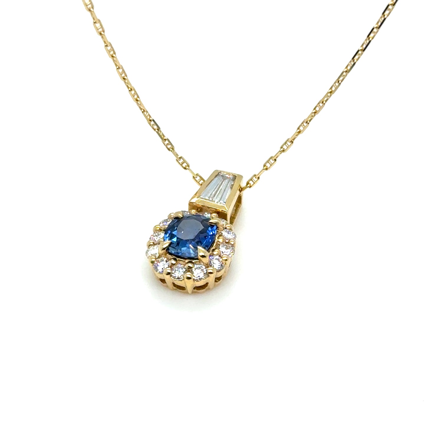 Ceylon Sapphire & Baguette Diamond Pendant Necklace 18K Yellow Gold