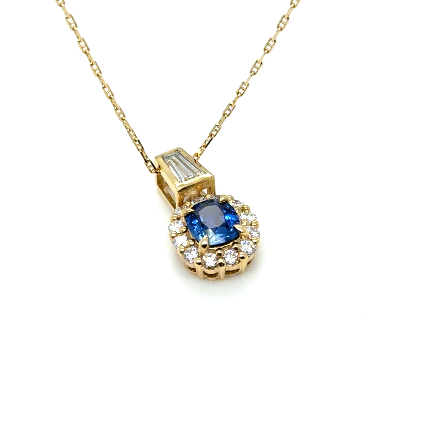 Ceylon Sapphire & Baguette Diamond Pendant Necklace 18K Yellow Gold