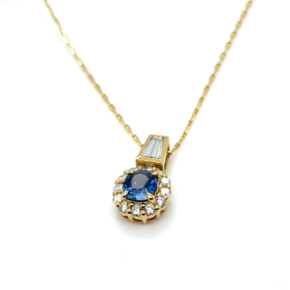 Ceylon Sapphire & Baguette Diamond Pendant Necklace 18K Yellow Gold