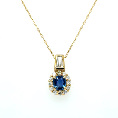 Ceylon Sapphire & Baguette Diamond Pendant Necklace 18K Yellow Gold