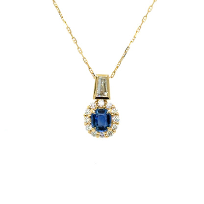 Ceylon Sapphire & Baguette Diamond Pendant Necklace 18K Yellow Gold