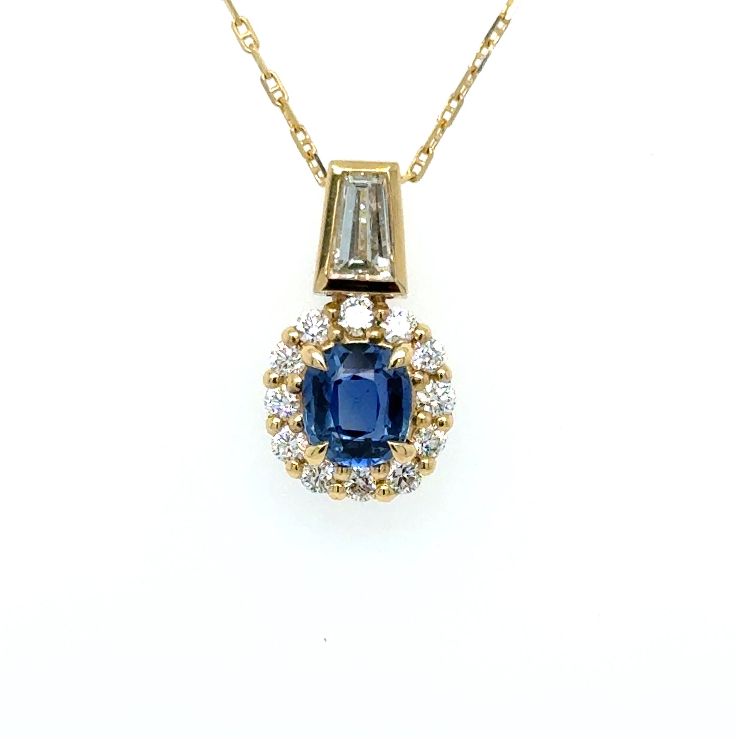 Ceylon Sapphire & Baguette Diamond Pendant Necklace 18K Yellow Gold
