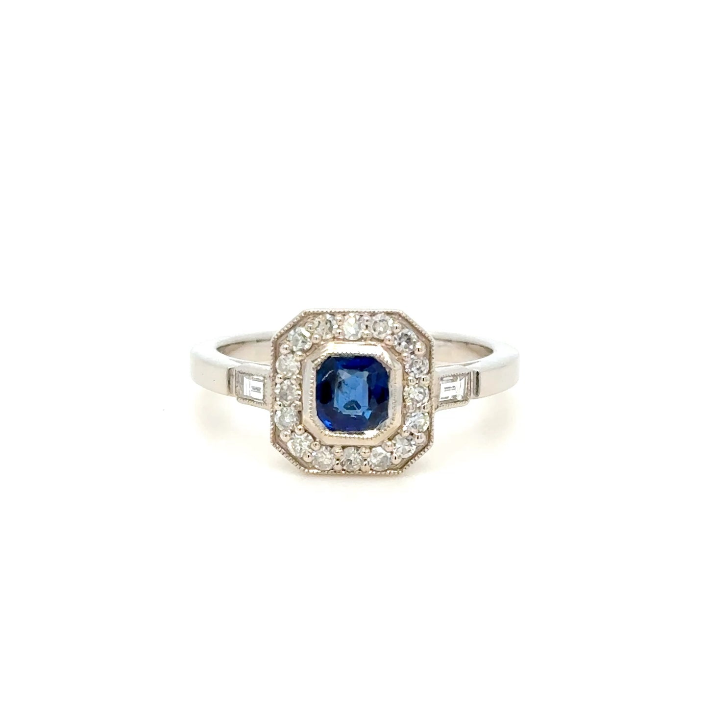 Art Deco Inspired Sapphire & Diamond Cluster Ring in 18K White Gold