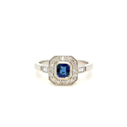 Art Deco Inspired Sapphire & Diamond Cluster Ring in 18K White Gold