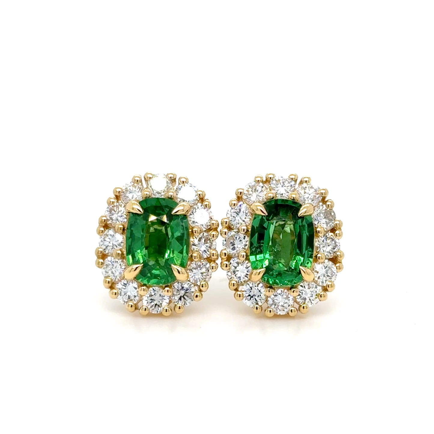 4.12 Carats Tanzanian Tsavorite & Diamond Cluster Earrings in 18K Yellow Gold