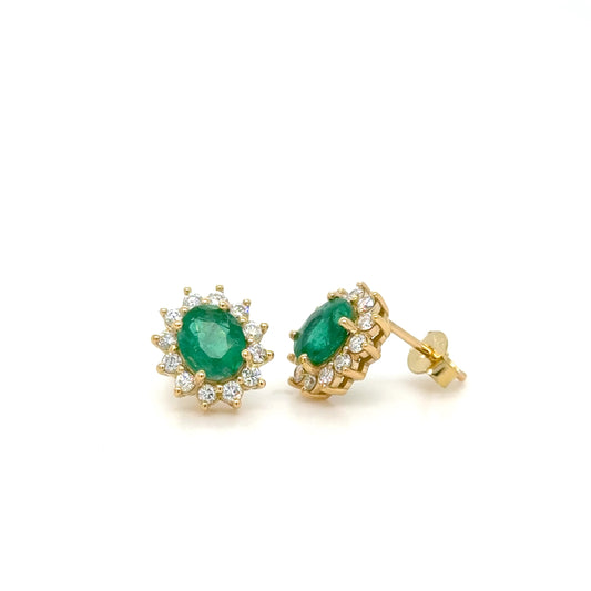 Emerald & Diamond Cluster Earrings in 18K Yellow Gold