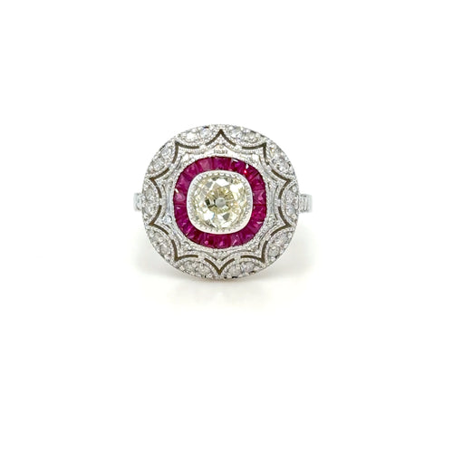 Burma Ruby & Old Cut Diamond Halo Ring in 18K White Gold