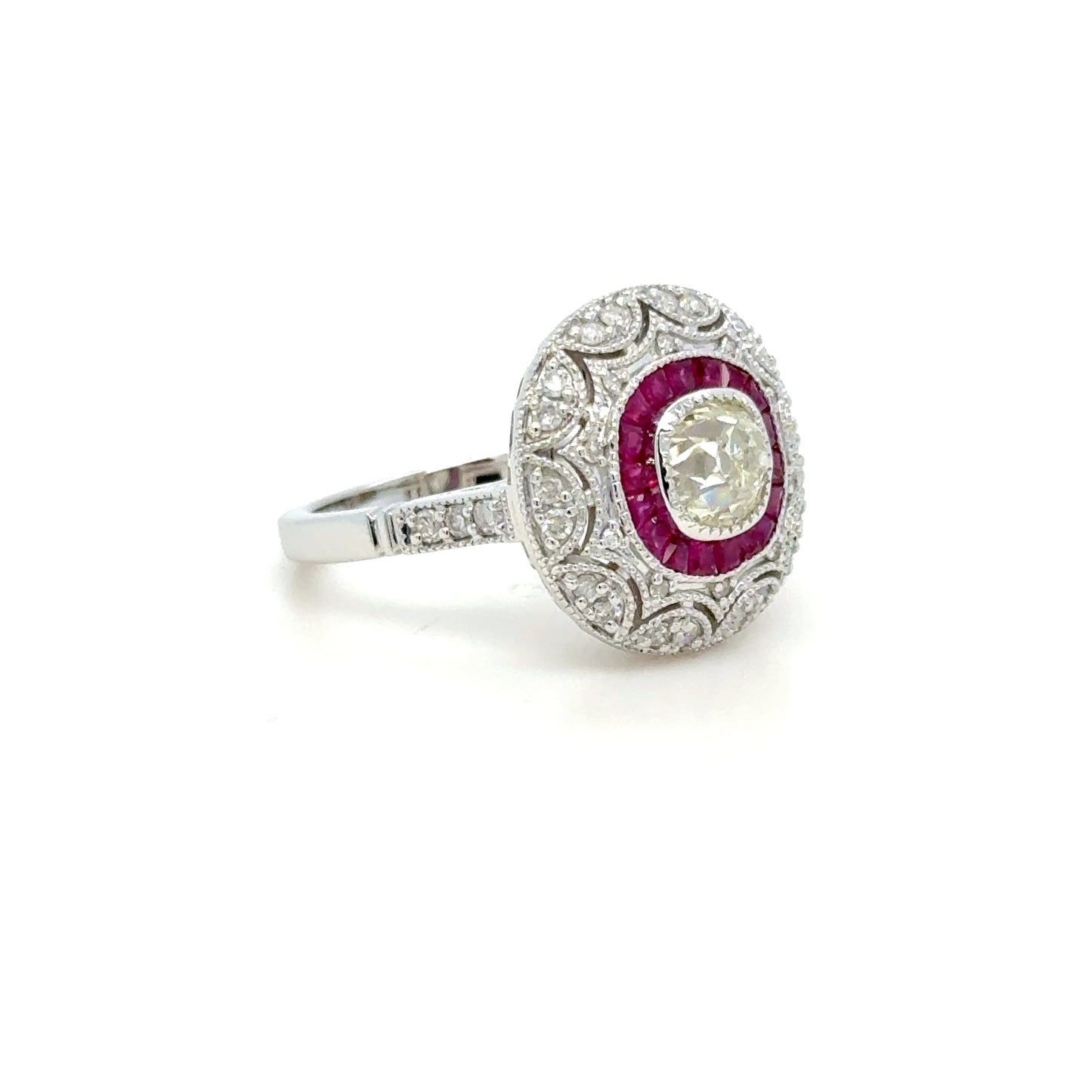 Burma Ruby & Old Cut Diamond Halo Ring in 18K White Gold