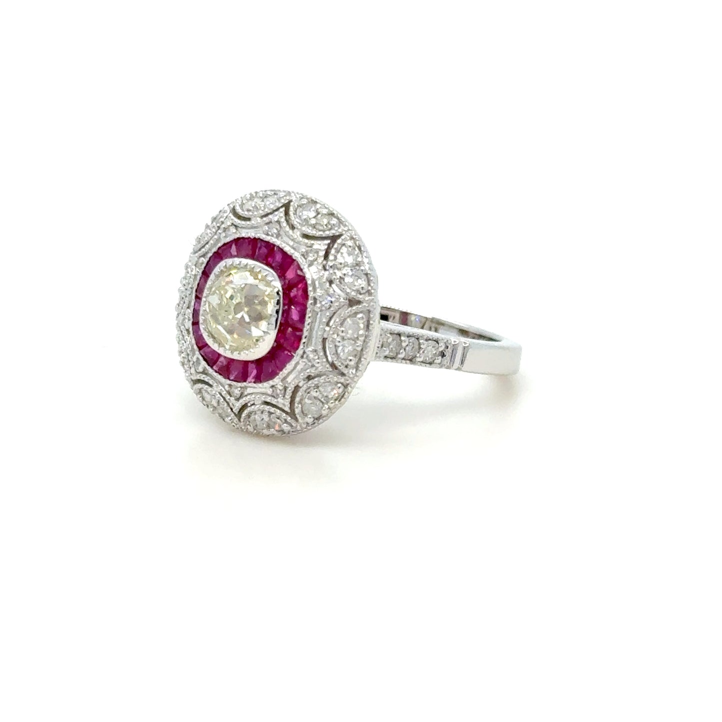 Burma Ruby & Old Cut Diamond Halo Ring in 18K White Gold