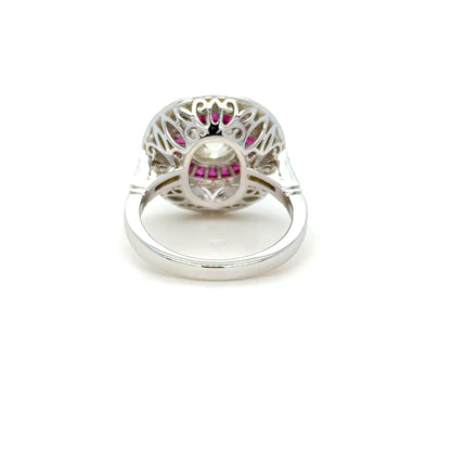 Burma Ruby & Old Cut Diamond Halo Ring in 18K White Gold
