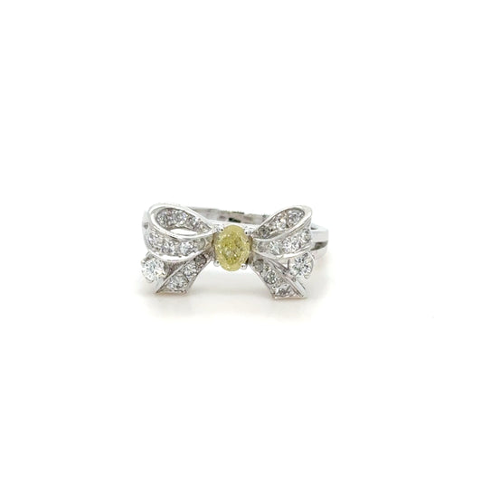 Yellow & White Diamond Bow Ring in 18K White Gold
