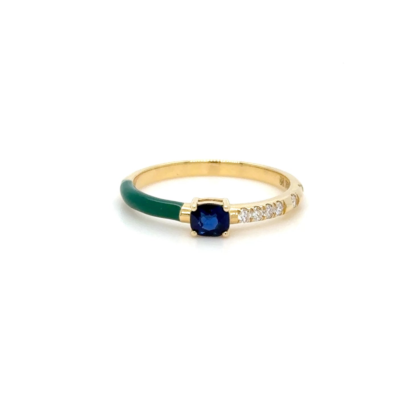 Green Enamel & Blue Sapphire Stackable Ring in 18K Yellow Gold
