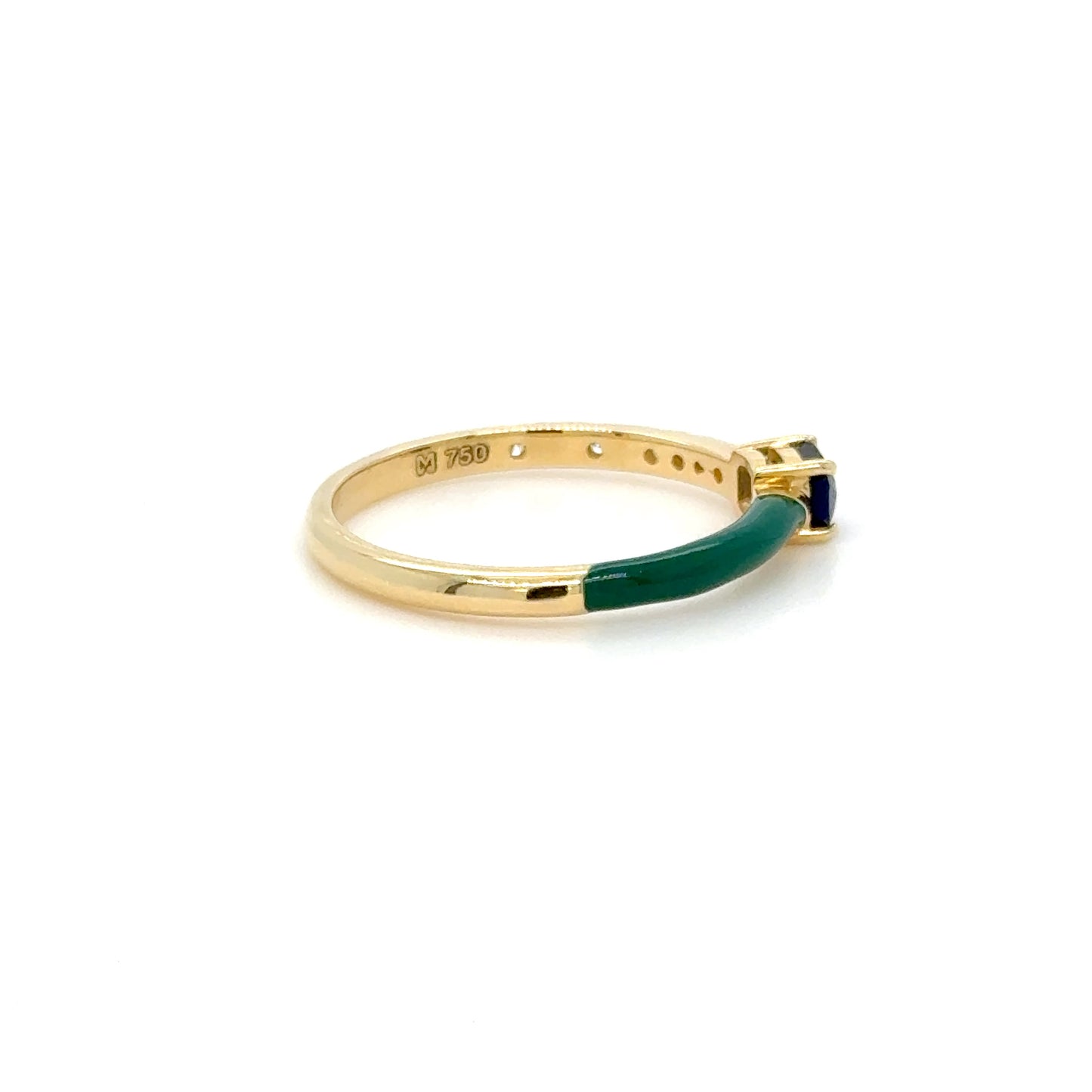 Green Enamel & Blue Sapphire Stackable Ring in 18K Yellow Gold