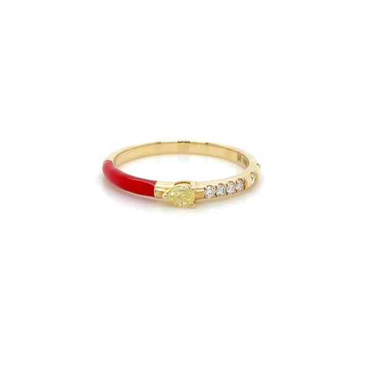 Red Enamel & Yellow Diamond Stackable Ring in 18K Yellow Gold