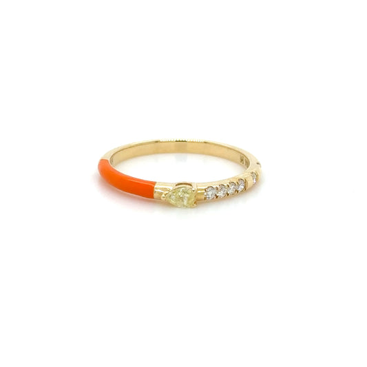 Orange Enamel & Pear Shape Yellow Diamond Stackable Ring in 18K Yellow Gold