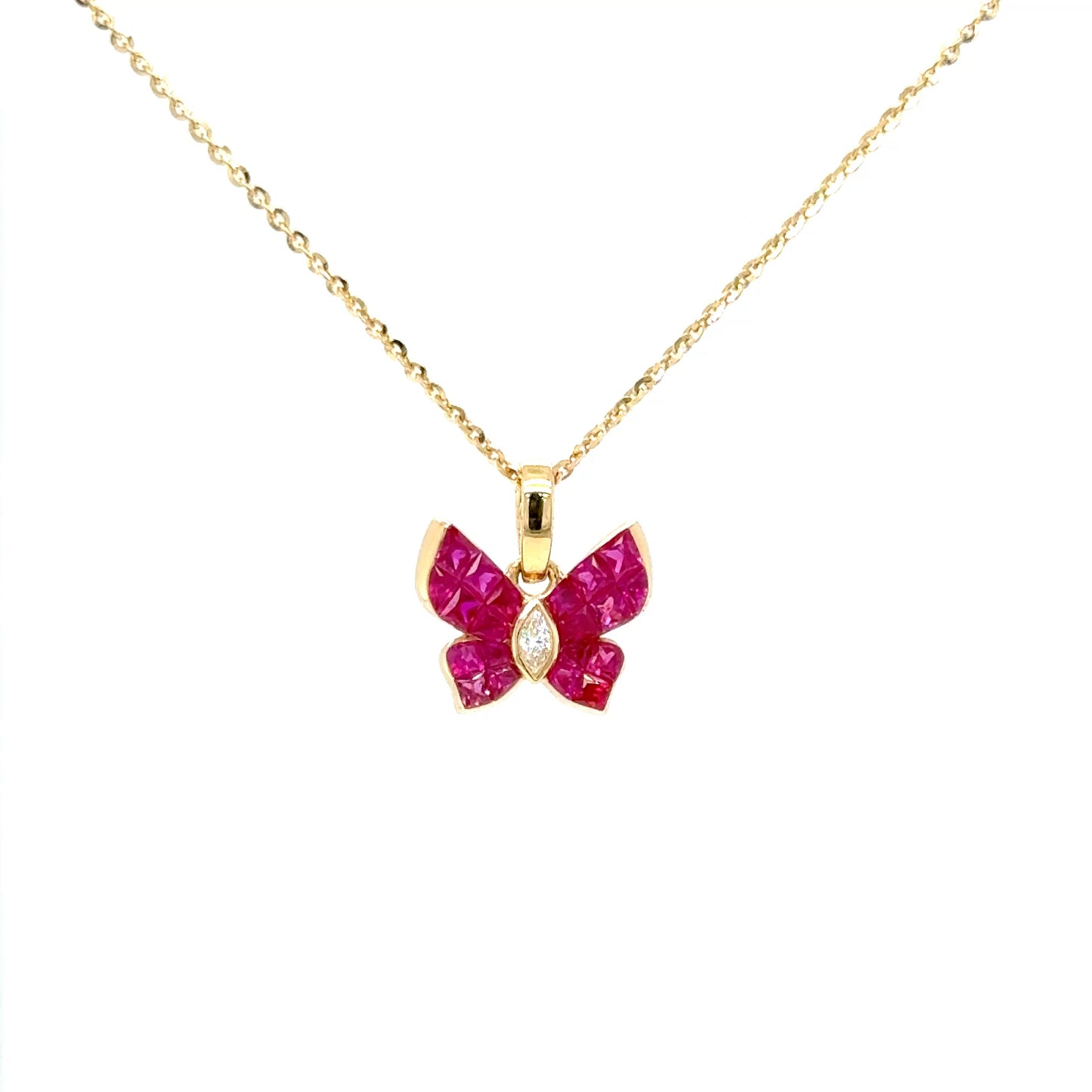 Ruby & Diamond Butterfly Necklace in 18K Yellow Gold