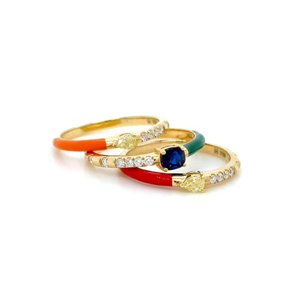 Orange Enamel & Pear Shape Yellow Diamond Stackable Ring in 18K Yellow Gold