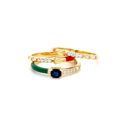 Green Enamel & Blue Sapphire Stackable Ring in 18K Yellow Gold