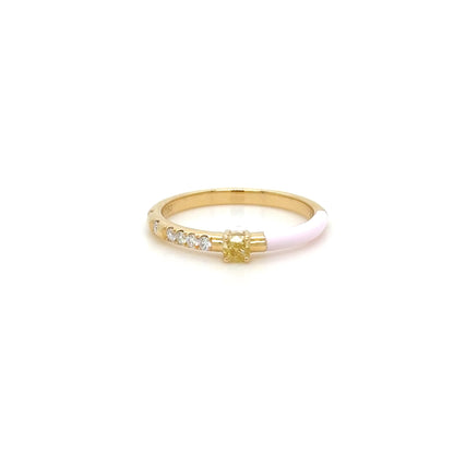 Pink Enamel, Yellow Diamond Stackable Ring in 18K Yellow Gold