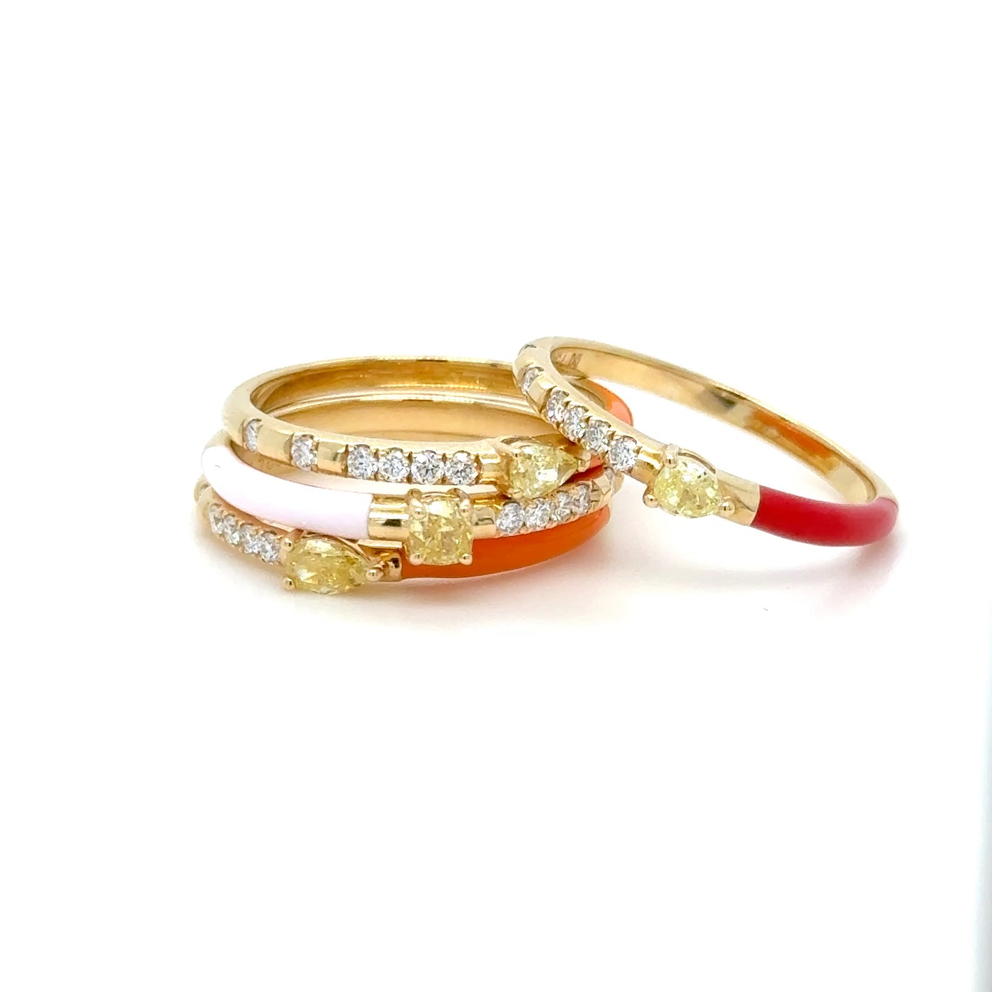 Pink Enamel, Yellow Diamond Stackable Ring in 18K Yellow Gold
