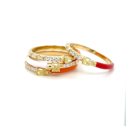 Pink Enamel, Yellow Diamond Stackable Ring in 18K Yellow Gold
