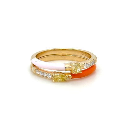 Pink Enamel, Yellow Diamond Stackable Ring in 18K Yellow Gold