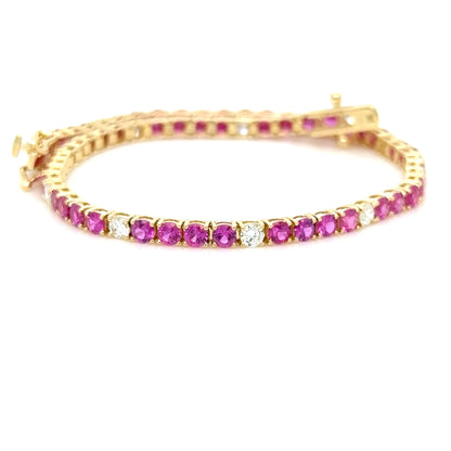 3.97Ct. Mozambique Ruby Diamond Tennis Bracelet ,18K Yellow Gold