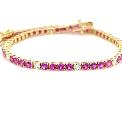 3.97Ct. Mozambique Ruby Diamond Tennis Bracelet ,18K Yellow Gold