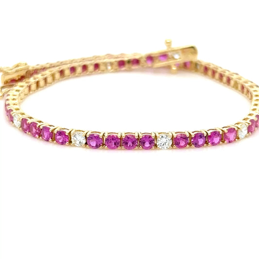 3.97Ct. Mozambique Ruby Diamond Tennis Bracelet ,18K Yellow Gold