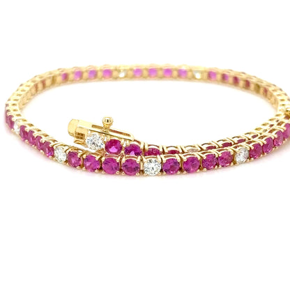 3.97Ct. Mozambique Ruby Diamond Tennis Bracelet ,18K Yellow Gold