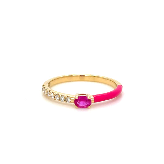 Oval Pink Sapphire, Pink Enamel & Diamond Ring in 18K Yellow Gold alternate view