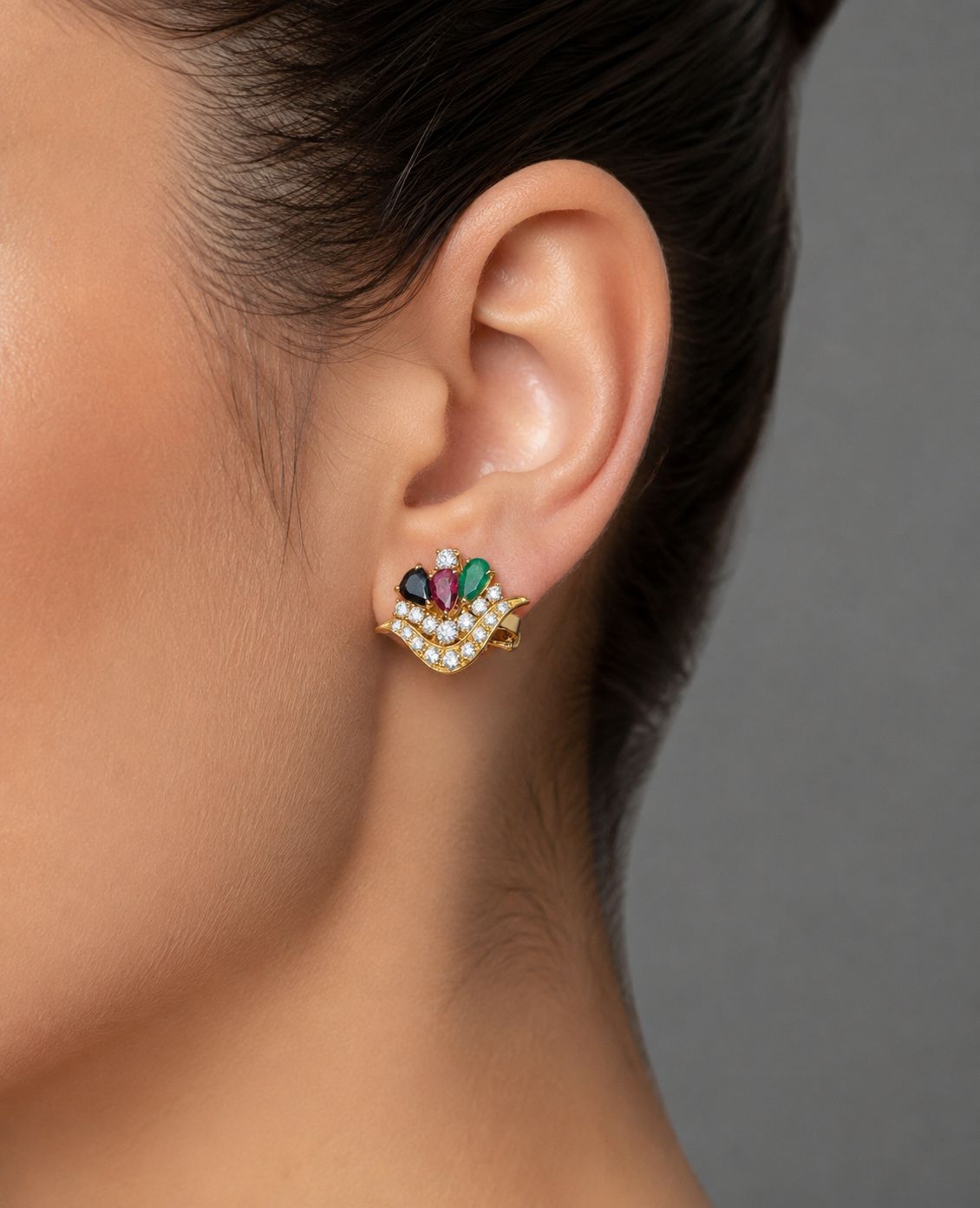 Multicolour Emerald, Ruby, Sapphire & Diamond Cluster Earrings in 18K Yellow Gold