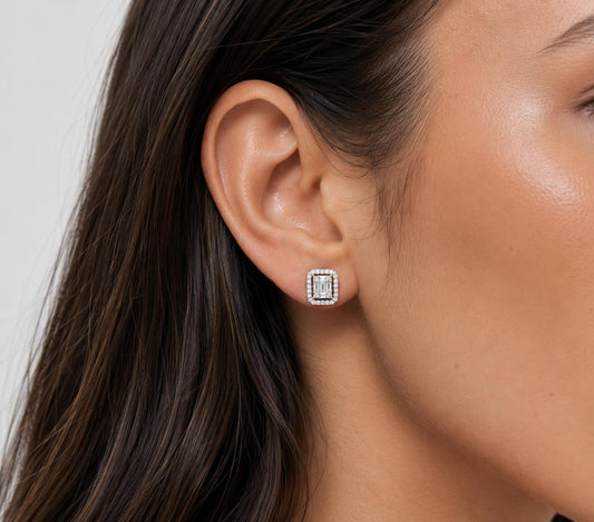 Baguette Diamond Stud Earrings 18K White Gold