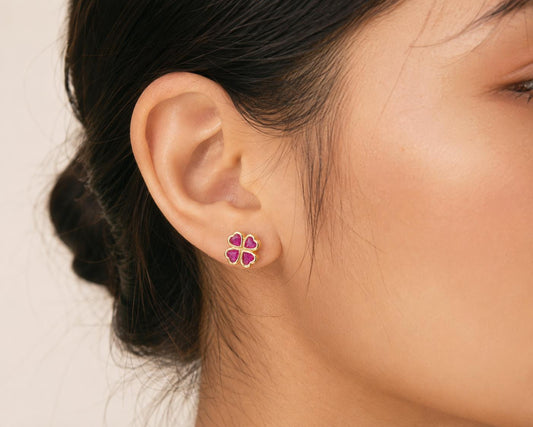 2.19ct Burmese Ruby Clover Stud Earrings 18K Yellow Gold