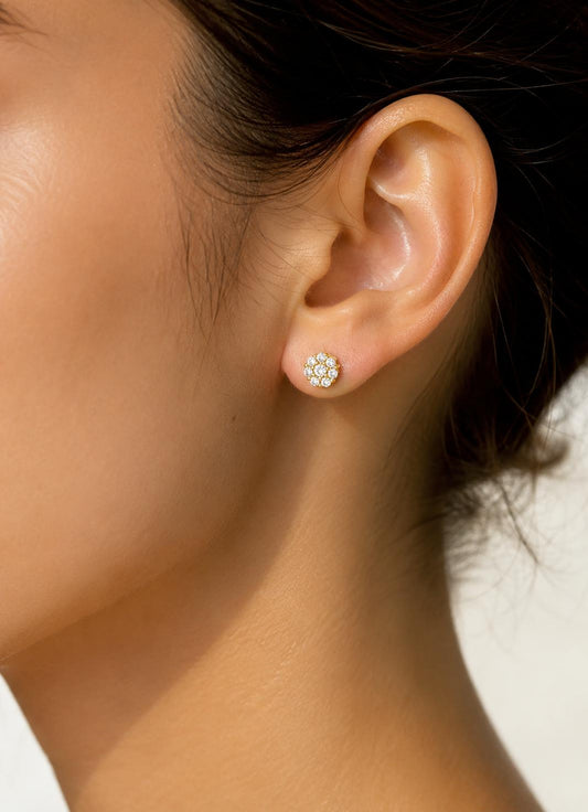 Round Diamond Cluster Stud Earrings 18K Yellow Gold