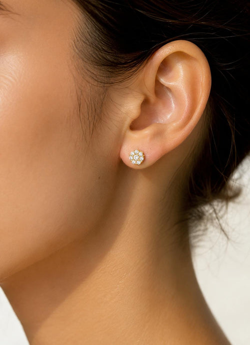 Round Diamond Cluster Stud Earrings 18K Yellow Gold