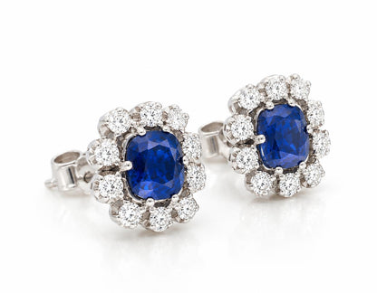1.75ct Royal Blue Unheated Sapphire Diamond Earrings 18K Gold